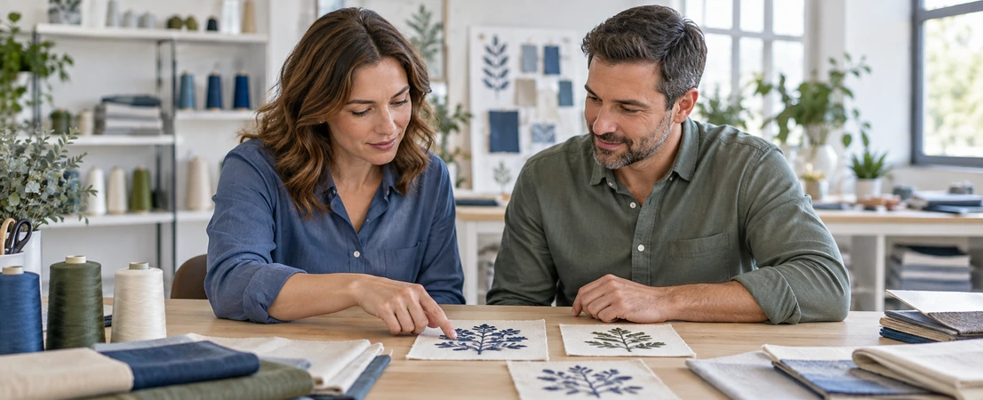 Illustration of two people reviewing embroidery samples